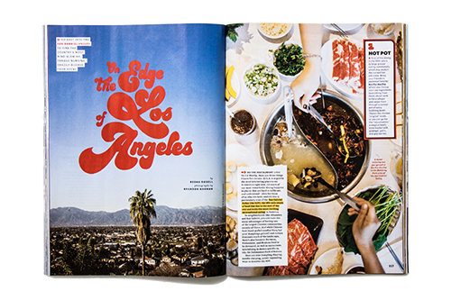 A magazine spread with hands eating out of the same bowl and text about Los Angeles