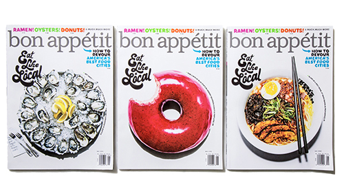 Three issues of Bon Appétit magazine with oysters, a donut and ramen on the cover