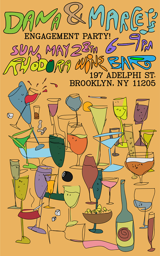 A colorful poster for an engagement party with illustrations of wine glasses all over it