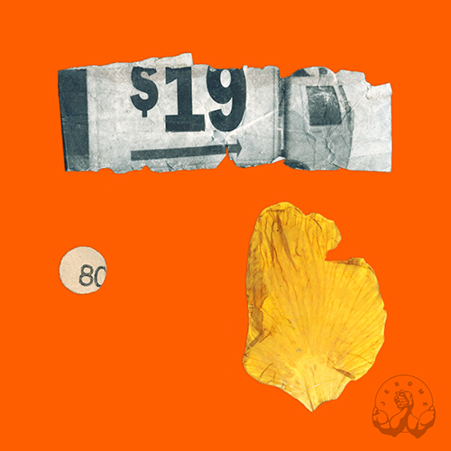 An orange album cover with random pieces of printed detritus and a yellow flower petal