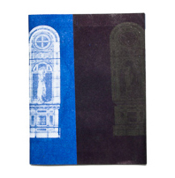 A zine with overprinted images of a church window