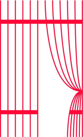 An red line logo of what looks like prison bars being drawn back on one side like curtain fabric