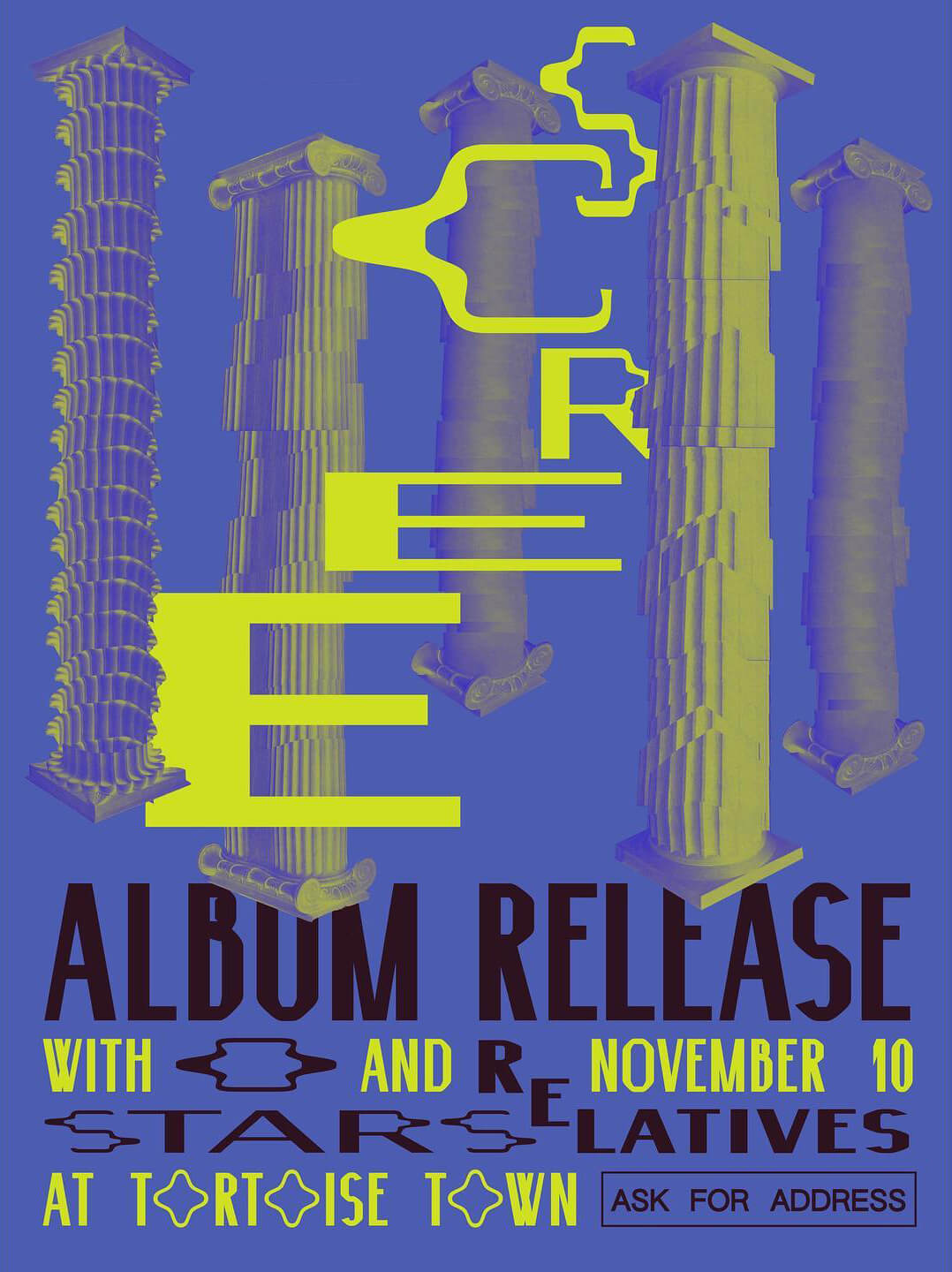 A psychedelic poster about a Scree concert with wavy, altered ancient columns