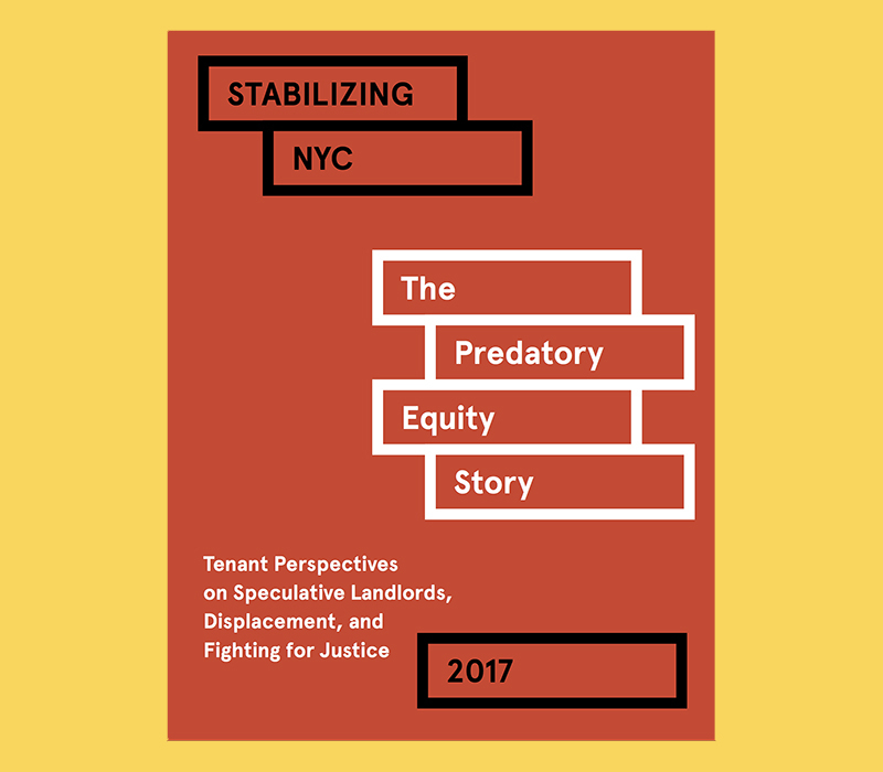 A red cover of a booklet on predatory equity on top of a yellow background